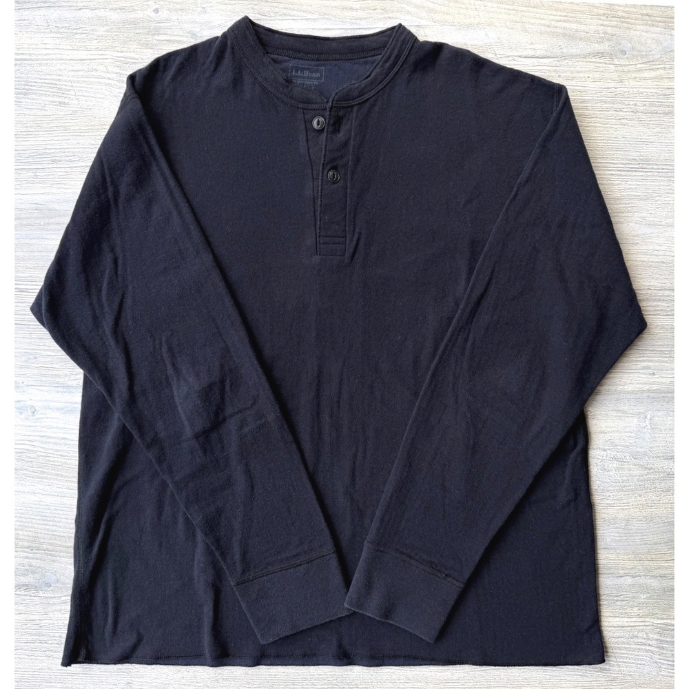 LL Bean Mens Henley Shirt XL Black Wool Blend Long Sleeve Gorpcore Cabin Top